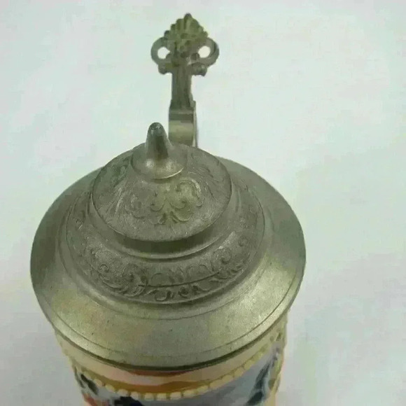 Vintage Beer Stein Pottery Bar Scene Pewter Lid 1921-50s West Germany 0.25 Liter - Picture 10 of 12